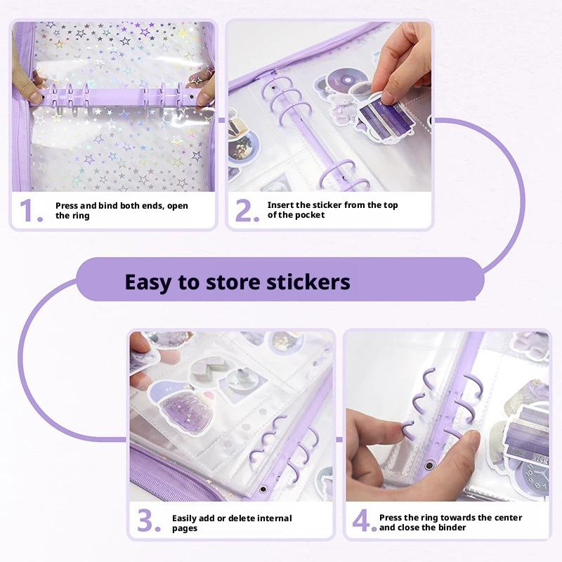 6-Ring Loose Leaf  Binder Cover with Zipper,Sparkles Holographic Stars Planner Binder Cover, Ideal for Sticker Application,Suitable Sticker Exchange - Image 5